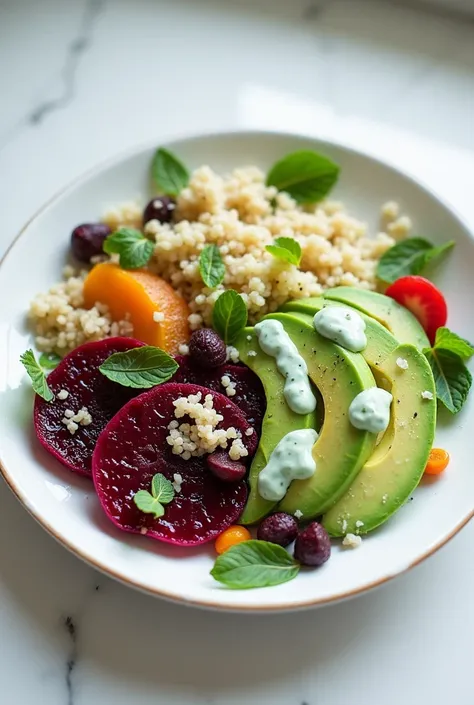 Plato: Beetroot salad ,  avocado and quinoa with yogurt and mint dressing.
