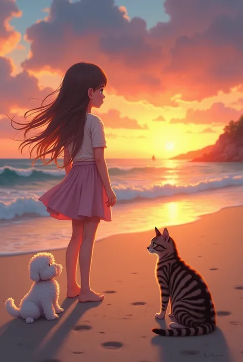 Girl on a beach, looking backwards at a sunset with a small poodle dog and a cat with black and brown stripes