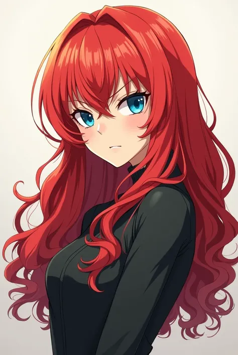 Slim blue-eyed red-haired girl fitt long curly hair stubborn stubborn angry and jealous proud anime full body 20 years