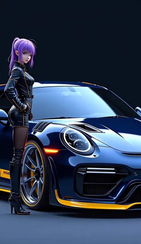 "A hyper-realistic close-up of a custom Porsche 911 Turbo S with a glossy midnight blue finish, accented with bright yellow detailing along the grille and the edges of the doors. The car is equipped with custom wide-body fenders and a lowered suspension, g...