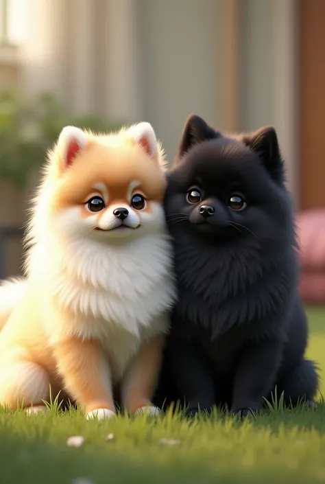 create a pomeranian dog with cream and white fur sitting next to a black pomeranian dog.