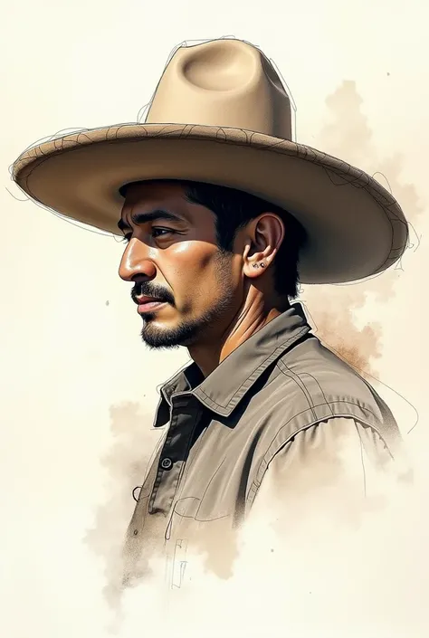 Watercolor sketch , with thick and crossed lines , work of art. of a man mexicano con sombrero de charro, de perfil , limelight. The gray sketch skin. High resolution,   masterpiece,  High resolution, Líneas de movimiento,  The best quality, tall details, ...