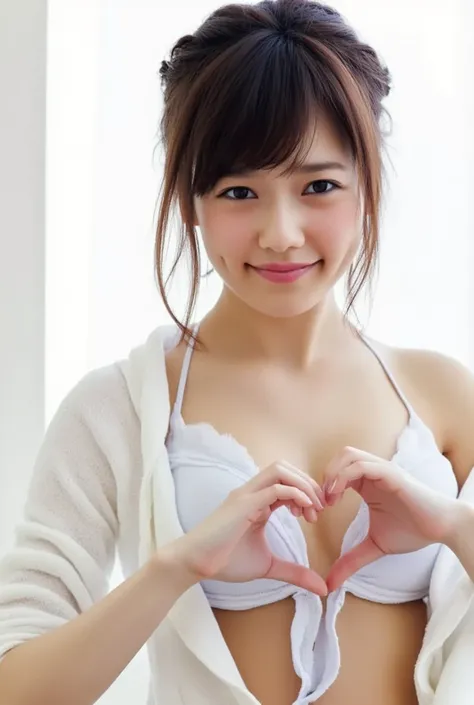 A smiling woman is posing alone wearing off-the-shoulder pajamas, making a firm big heart shape with both hands, and holding them in front of her chest, View above collarbone、The background is a monotone 、
