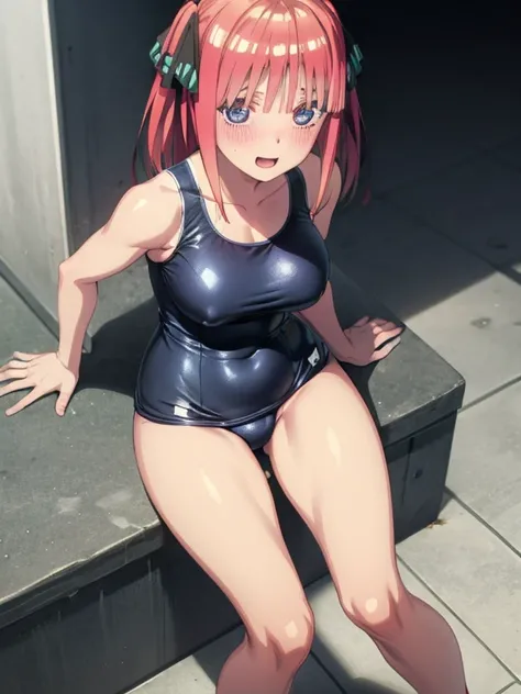 masterpiece,1 female, large breasts, blush, cheerful eyes, one-piece swimsuit, one-piece swimsuit with skirt, shameless pose, from above, nino nakano