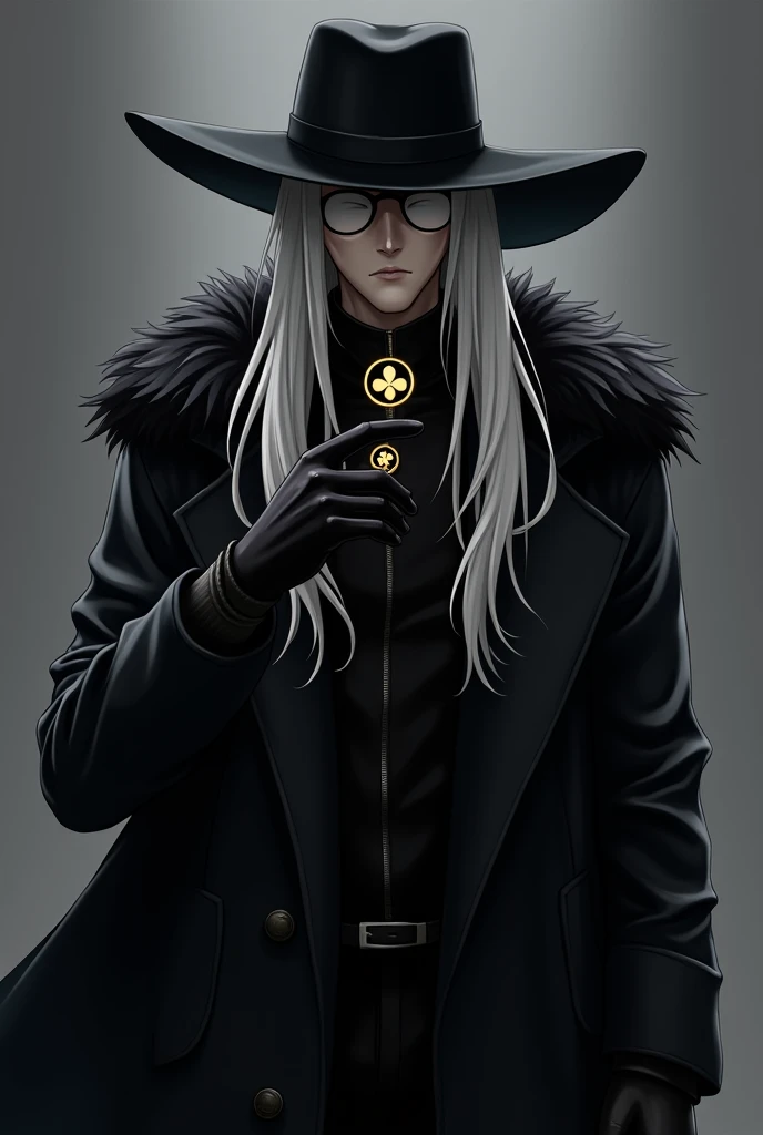  An anime character with long, white and smooth male hair,  the same one wears dark glasses with a round frame completely black on the face , He wears a totally black gravediggers hat ,  wears a trench coat with totally black fur ,  wears totally black pan...