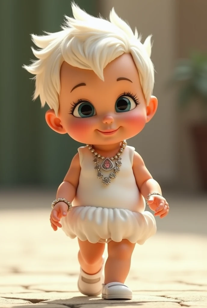  A real  baby ,  character from the series The Flintstones ,  a baby Vilma wearing the same outfit dressed in white that the character wore in the movie,  wearing the same hairstyle , wearing the same jewel , The baby in front of the camera ,  parading on ...