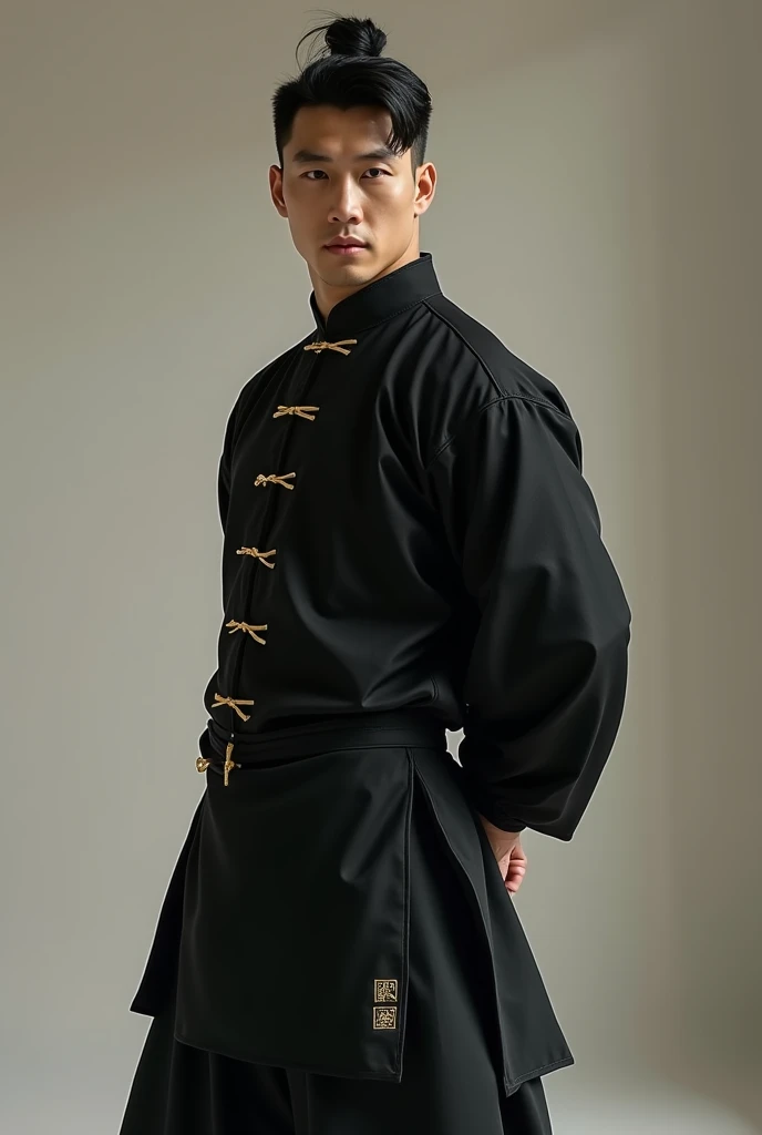 Man, tall, with black eyes, black hair, athletic body, wearing a black Male Tai Chi Clothing With Gold Details, Standing, upright position with hands behind back.