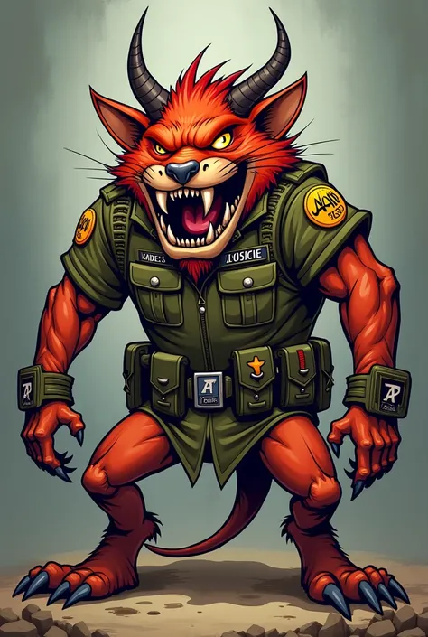  A Tasmanian military demon animal in a cartoon, with a badge of 4en ,  and another that says tassiie 