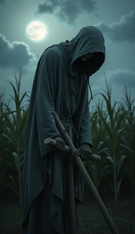 "Nighttime in a dark cornfield. Close-up of a sinister scarecrow with tattered, gray clothes and a hood, head bowed, hunched over but now standing on firm ground, still tied to the wooden T-shaped post. Full moon, cloudy sky, eerie shadows."