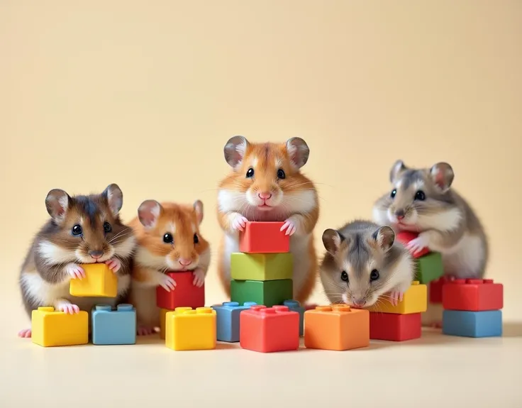 masterpiece, best quality, Photorealistic, realistic, photograph, Hamsters playing with building blocks