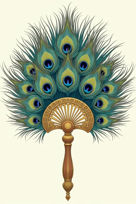 generate an image of a linework/lineart 2D illustration of a hand fan with peacock feathers and golden details