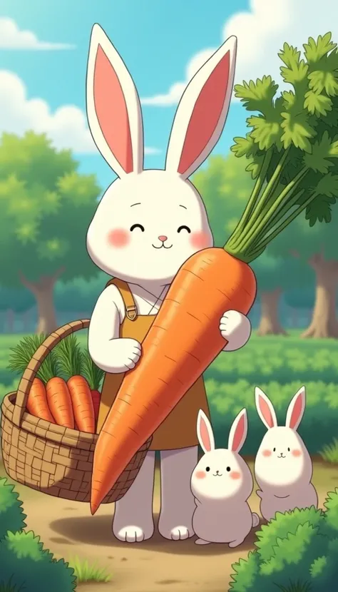 A  with rabbit ears holds a giant carrot，In the vegetable garden，The  carried a bamboo basket，The bamboo basket was filled with carrots，There are also some small white rabbits in the vegetable garden，Illustration Japanese manga style，The light is gentle，Th...