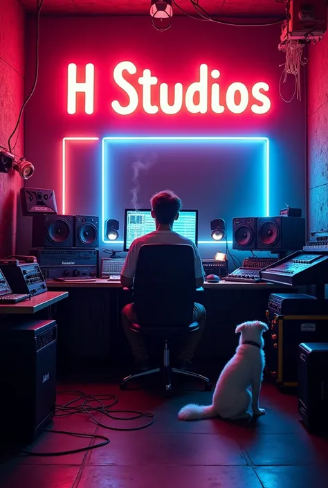 A music studio with someone sitting in the back smoking and on the wall with LED lights that say "H STUDIOS" and a one white dog nex to