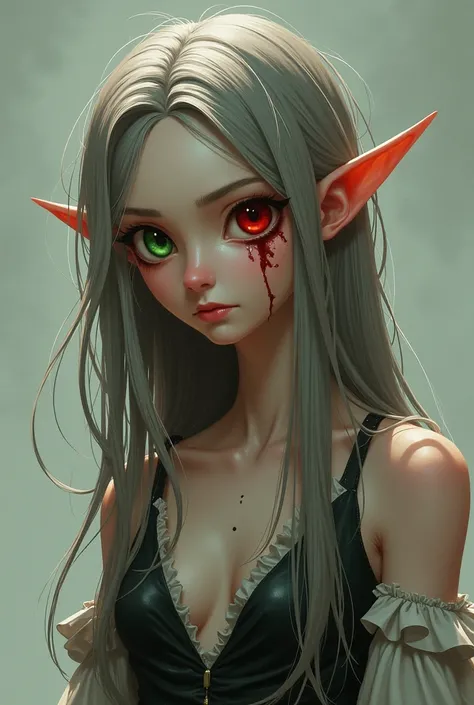 A light-skinned girl,  long gray brown hair ,  with a green eye and a red one .  She has a scar from the eyebrow to the bottom of the eye in red. She is thin but developed ,  has fairy wings and a short female pirate costume ,  she also has a mole on her n...