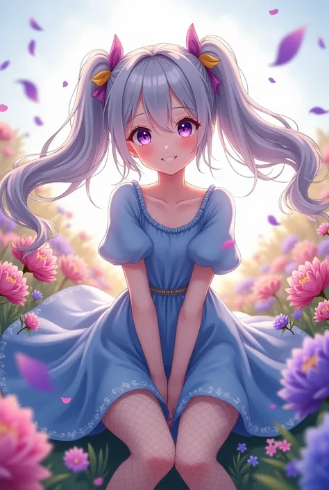 gray hair twin tails purple eyes flower field blue dress anime pretty girl fishnet tights smile petal