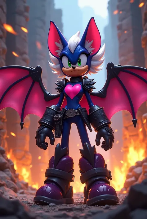 Rouge the bat from the Sonic franchise(femme,green eyes,fancy armor,anthro bat,blue eyelids,white short hair,dark violet tiny wings,peach colored skin(muzzle,ears,arms),pink heart print on chest,upper body chest Exaggerated) amidst the chaos of a Medieval ...