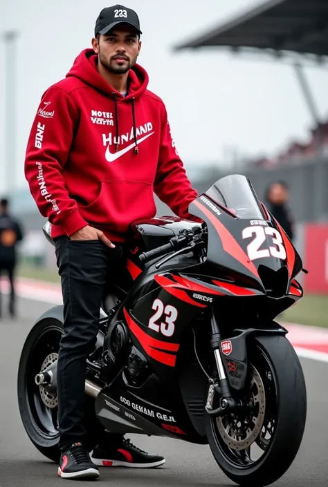 WSBK motorcycle racing ,  luxury modification and elegant color , Handsome 27-year-old Indonesian Man Wearing hat number 12basket black color numbered 23 standing wearing nike logo red hoodie jacket, black jeans, high