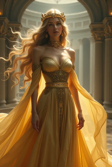 I want a woman with werito hair in an elegant long dress with gold-colored callers with a band that says my universes and with a large crown on her head 