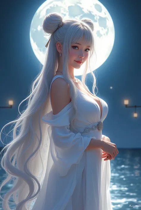 This is a digital painting in a highly detailed, hyper-realistic style, with long, flowing hair in front of her is in a white dress, moon,  double bun, full moon, night, long hair, looking at viewer, hatsune miku, hair bun, chinese clothes, sleeves past fi...