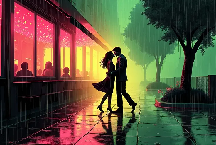 ((best quality)), ((masterpiece)), (detailed), A romantic scene of two people dancing in the rain, their figures softly lit by a nearby cafés warm light, while water splashes under their feet. ((monochromatic neon pink, yellow, and green color palette)), s...