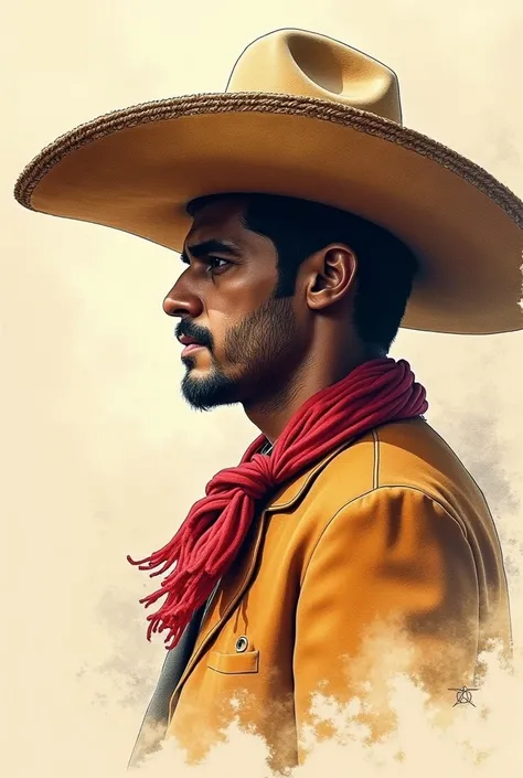 Watercolor sketch , with thick and crossed lines , work of art. of a charro mexicano con sombrero texano, de perfil , limelight. The gray sketch skin. High resolution,   masterpiece,  High resolution, Líneas de movimiento,  The best quality, tall details, ...