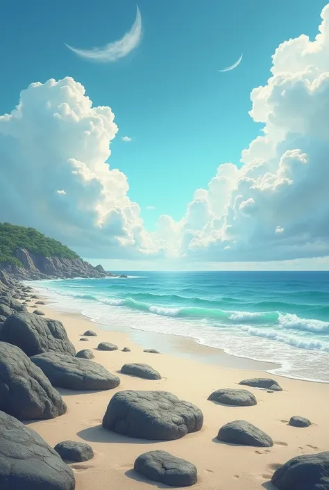 Mysterious sky, clouds, and sea 、 beautiful stones spread out on a sandy beach。With beautiful image quality