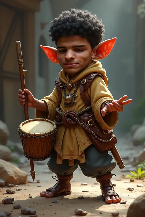  He is like a medieval role-playing character . An artist-class halfling .  He is black with a relatively large nose and short curly hair.  Do it with some percussion drums . And the full-body image 