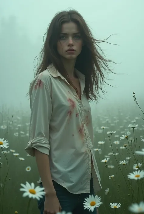 A sorrowful young woman with brown hair and green eyes, dressed in a bloodstained white shirt wandering in a foggy meadow filled with white flowers