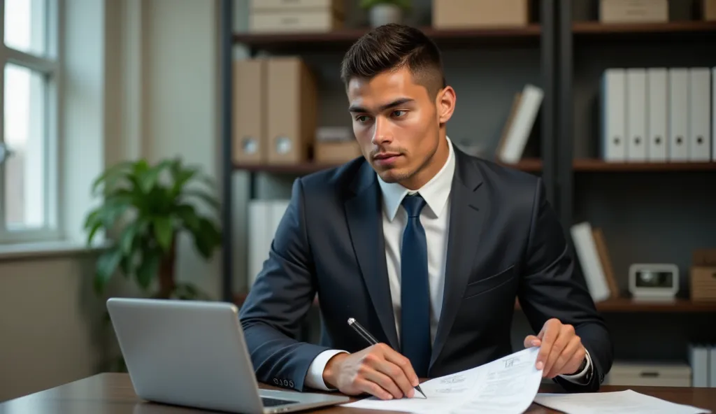 ronaldo in a suit, small head, extremely detailed skin, reading documents at office, blurred background.