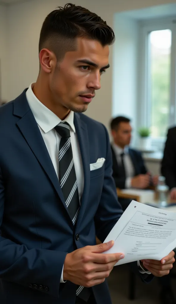 ronaldo in a suit, small head, extremely detailed skin, reading documents at office, blurred background.