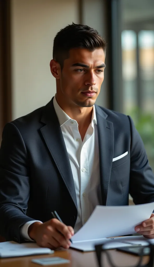 ronaldo in a suit, small head, extremely detailed skin, reading documents at office, blurred background.