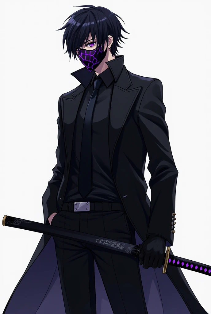 
"Anime-style character designed as a token for an RPG in a paranormal order theme. The character is dressed in an all-black outfit, including a long black trench coat, a black shirt, tie, and pants, exuding a mysterious and dark aura. He wears a sleek bla...