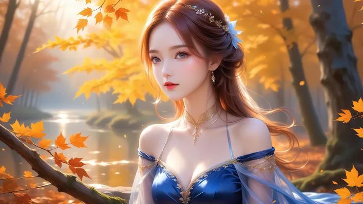 A Masterwork In 32K Resolution, Unmatched Quality, Ultra-Fine Details, Official Art, Supreme 32K Wallpaper, Gorgeous And Ethereal, Highly Detailed Features, Spellbinding Detail, Dutch Angle, Hyper-Realistic, Autumn Landscape. One Girl, Solitary, Auburn And...