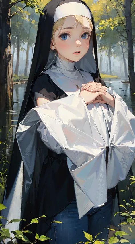 ((top quality)),((masterpiece)),((perfect face)),(ultra-detailed), ultra high res, 8k, ((Petite girl in nuns habit praying with both hands)), ((nun clothes, Deep, slit, petite girl, petite, Blue Eyes, drooping eyes)), kick,beautiful_short_hair,beautiful_br...