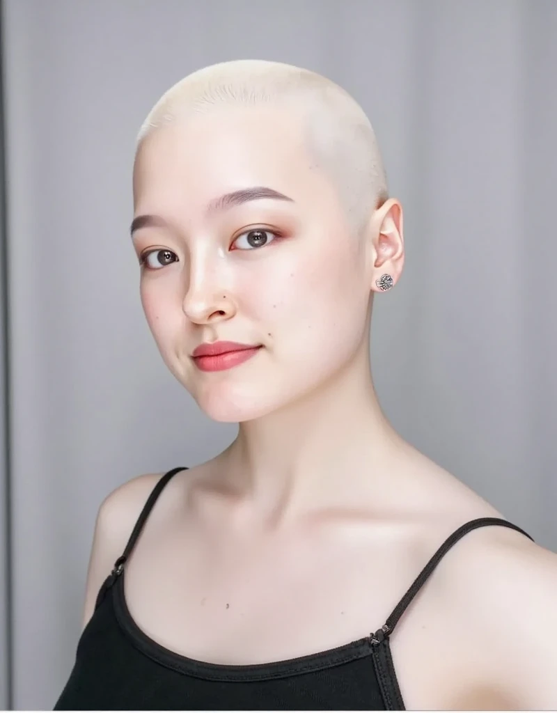 (((completely bald woman))) with a (((smooth hairless head))), (((no hair at all on her head))).  (bald hairless smooth head).