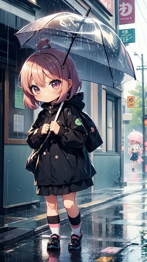 (Chibi:1.5)、Girl wearing a frog 、1 person、(umbrella)(Walking in the rain), magic hour, fantasy, emotional, cute、