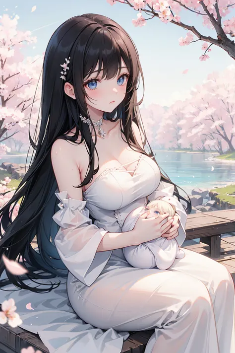  long black straight hair , Wedding Dress，  white dress,  blue eyes ， Holding a baby girl、The baby is one year old ，Relaxation posture, sit, Review, HEALTHY SKIN , Outdoor scenery, Cherry Blossoms Flying, Bright natural light  ,  The sun shines in from the...