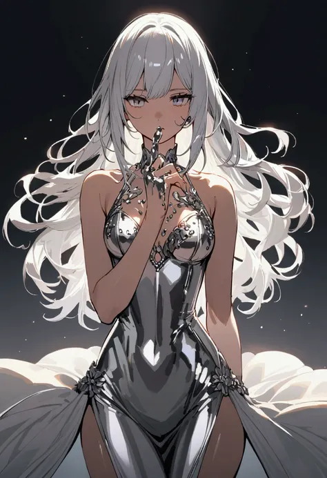 Silver-haired girl with tight silver dress with liquid mercury in her hand