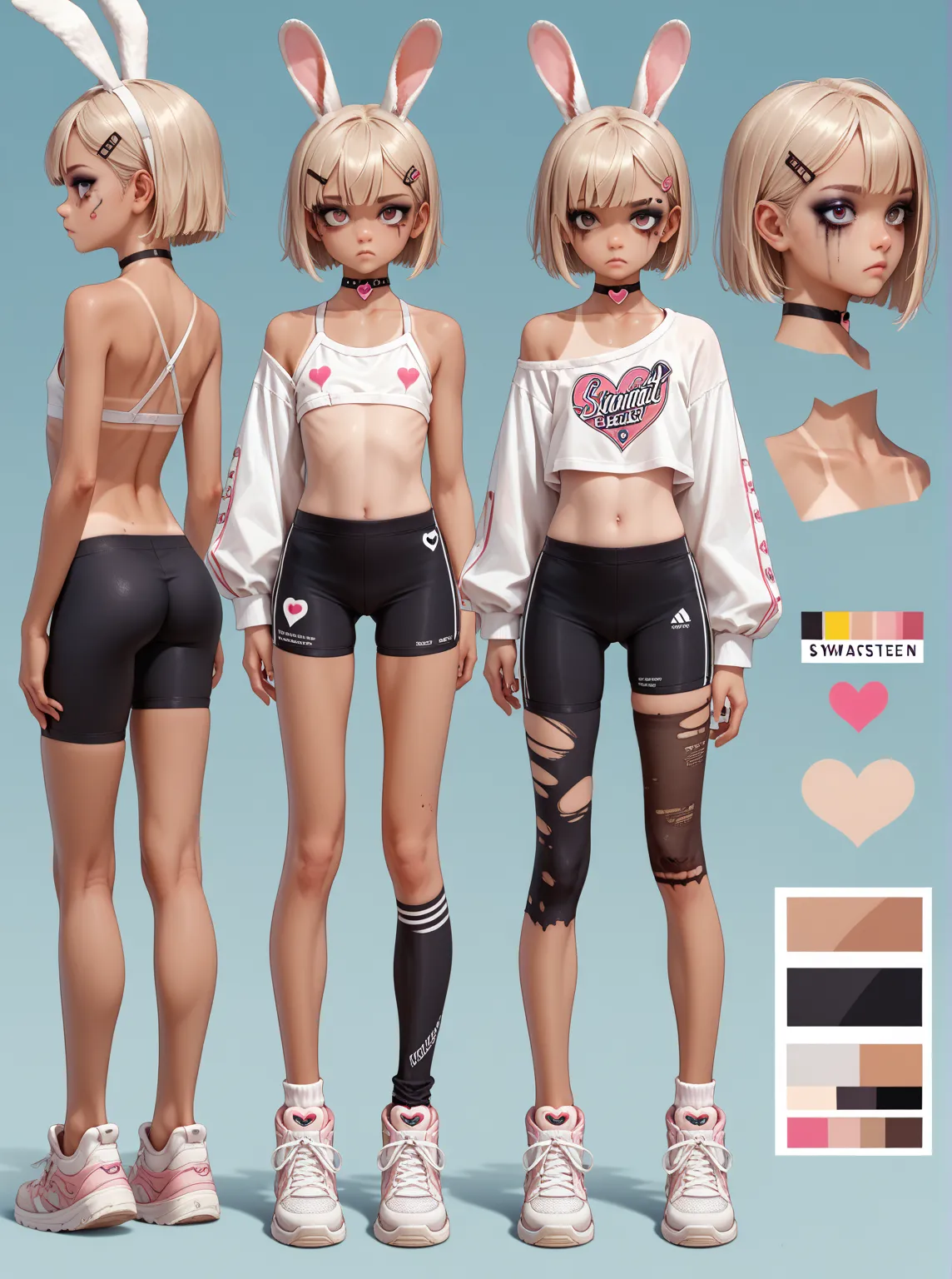 character sheet, fullbody. nsfw. tan loli, short hair, flat chest, slutty clothes, bunny ears, bike shorts, tanlines, asymetrica...