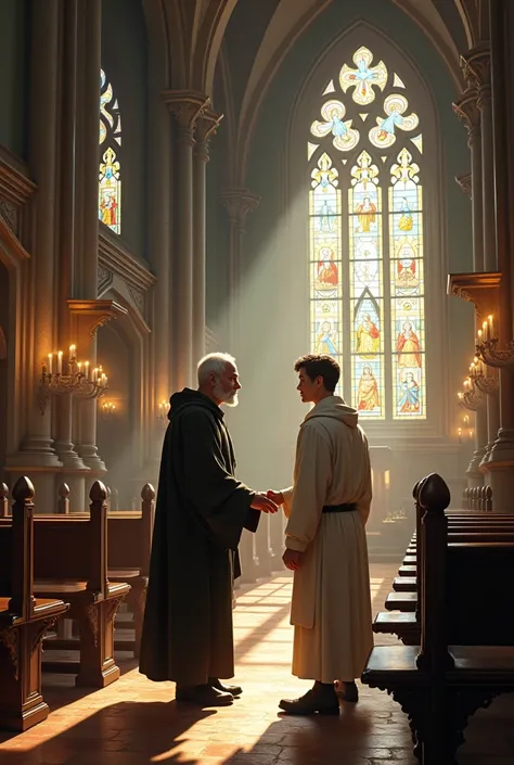 Inside the church ,  the monk meets a young priest named Sebastian,  who is tidying up the benches .