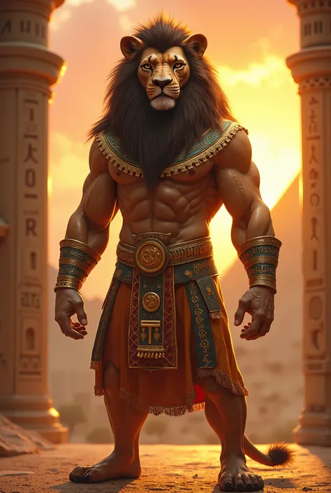  A lion walking on two legs  ,  with the body muscles of a bodybuilder  ,  as if he were a strong and dominant human being the lion has a brilliant mane and his expression is fierce and majestic . He is dressed in a traditional Egyptian tunic with golden d...