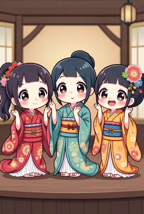  Make three Japanese Oirans thanking the attendees,  And the cartoon style is chibi and cute and they are then on a stage