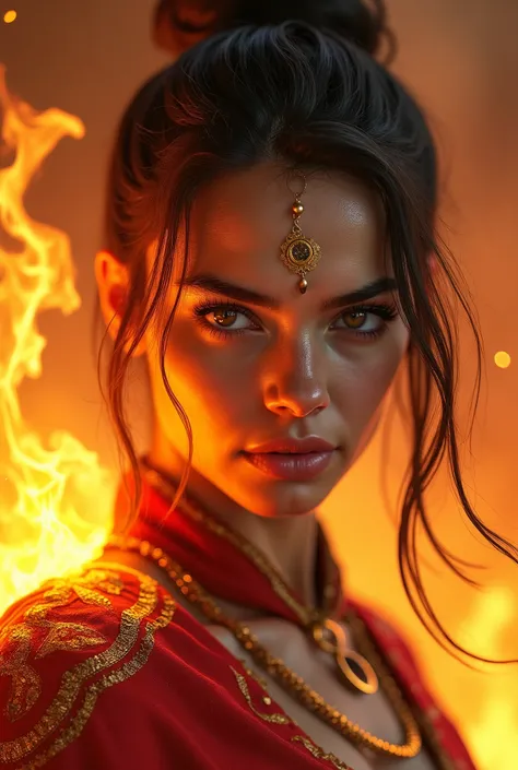 Young woman Fire Master , very detailed  face, Beautiful and detailed eyes , detailed and beautiful lips , extremely detailed eyes and face , long lashes, Fire Tribe Short Costume,fighting pose, photorealistic , Realistic Lighting , very detailed ,8 mil,Re...