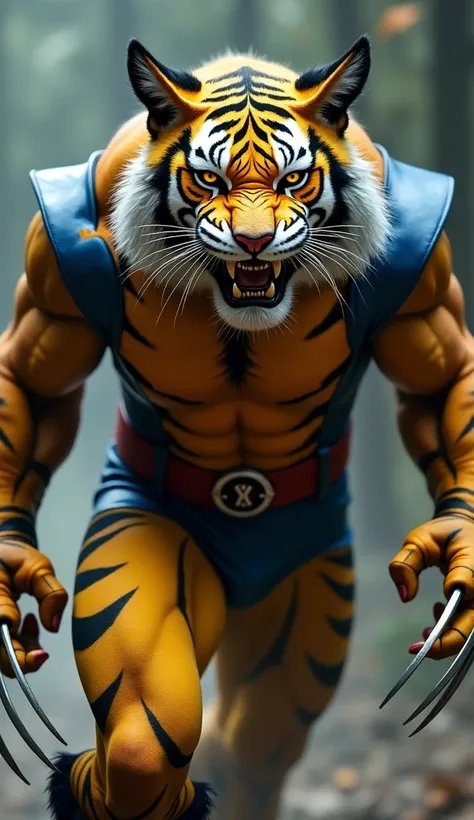 A hybrid creature that combines the brutal power of Wolverine with the ferocity of a tiger. He retains his iconic yellow and blue uniform, but it is now torn in some parts, revealing black stripes that merge naturally with his body. His skin has textures o...