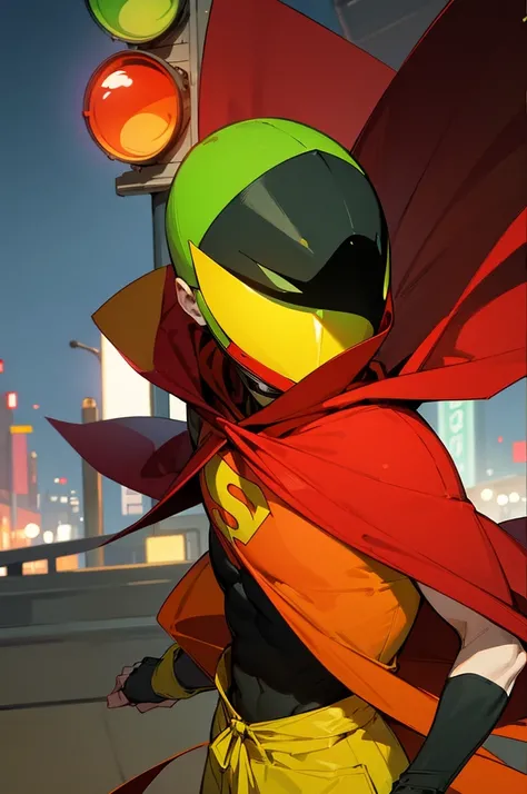 Superhero Mr . traffic light,  with cape and mask , Wearing a red costume,  green and yellow, with traffic light in the background 