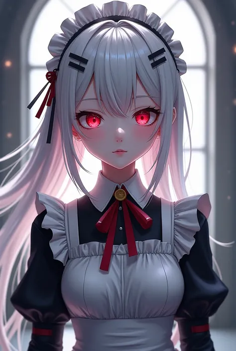 Female anime character with white hair and black stripes and red eyes wearing an AI-generated maid costume