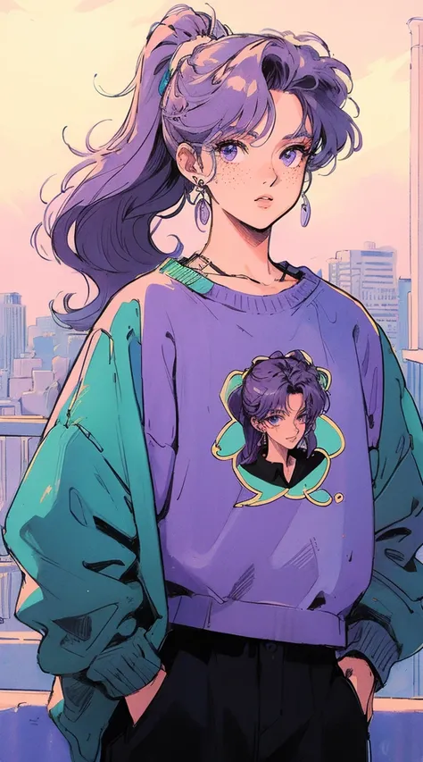 Anime de los 90, Illustrator, realistic,sketch , 1 person, white girl with freckless, colorful sweatshirt clothes, bling-bling, violet hair, long ponytail , she is standing , pose sexy, Texture Cutout , ( masterpiece , Highest quality),city lights in the b...