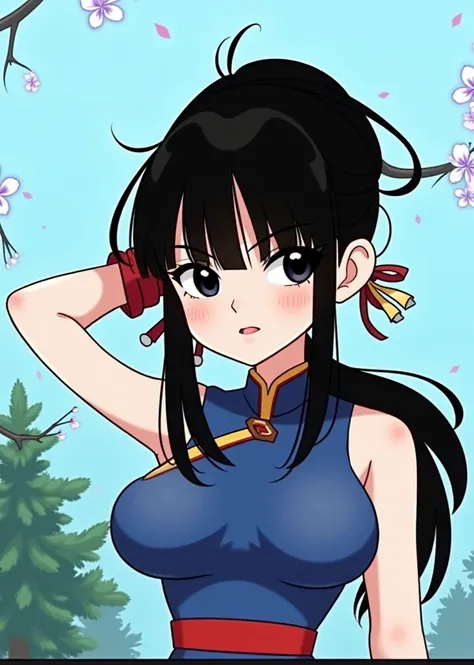 chi-chi, 1girl, solo, long hair, breasts, bangs, black hair, bare shoulders, standing, sleeveless, black eyes, sleeveless dress, blue dress, Chinese clothes, red wristband, straight hair, web address, arms at sides, red sash, red pants, arm at side, hair d...