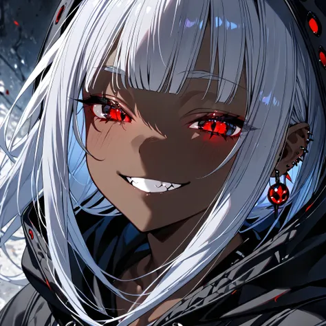 (dark-skinned female:1.4), half closed eyes, nihilistic smile, cute villain girl, hoodie, hood up, glowing red eyes, ((Blueish gray hair)), (sidelocks:1.3), long hair, [curvy], pierced earring, extreme close up, throw, Atmospheric Perspective, 8k, super de...