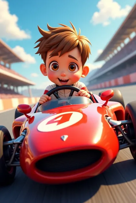 Boy  boy white, with very short light brown hair in a red race car and a honey-colored eye